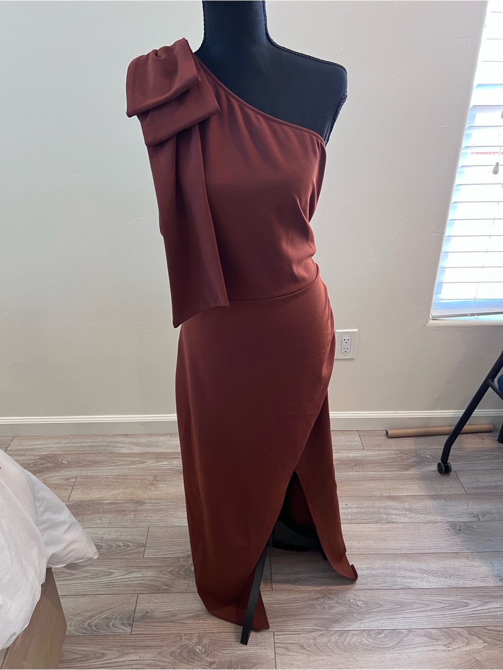 One-Shoulder Bow Detail Maxi Dress in Rust